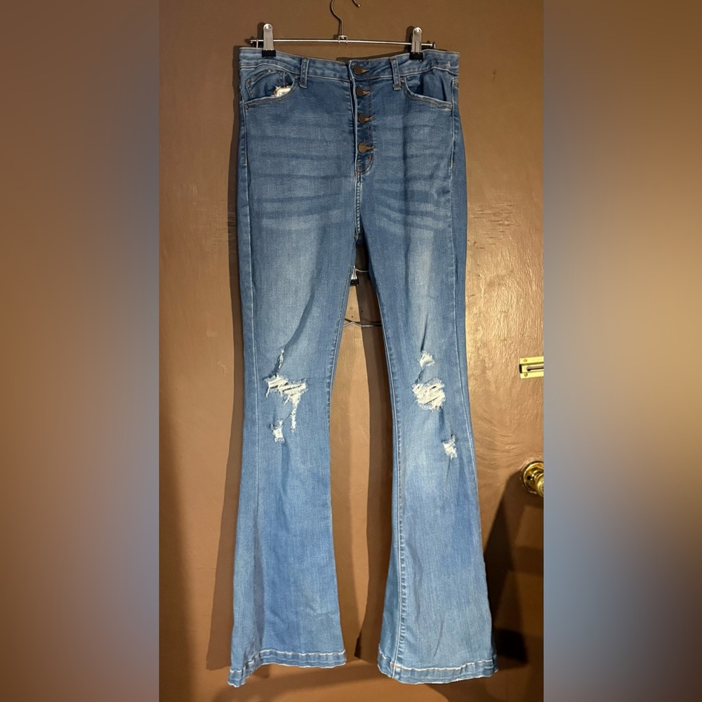 Simple Society Button Fly Distressed Blue Women's Jeans